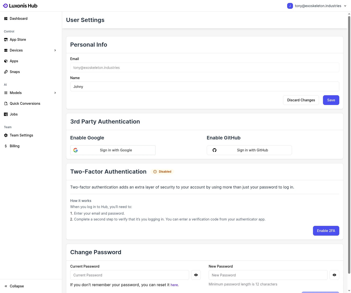 Account settings page in Luxonis Hub showing personal info, third-party authentication, two-factor authentication, and password controls.