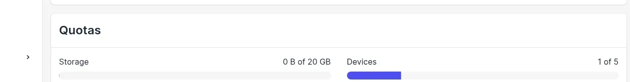 Quotas area in Luxonis Hub Billing showing the current storage and device limits for the team.
