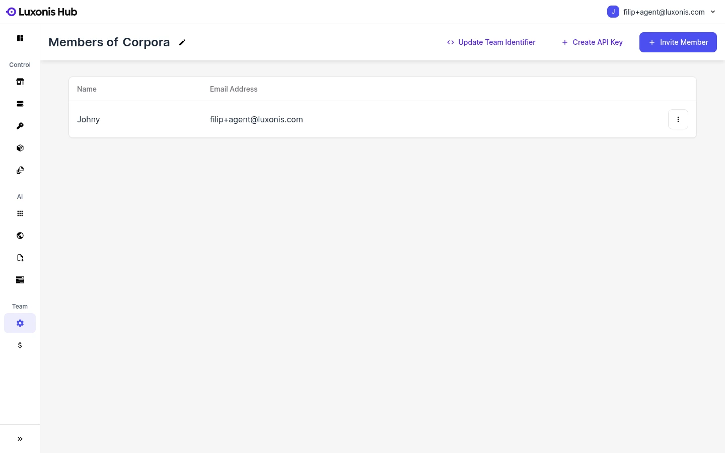 Team Settings page in Luxonis Hub showing the API keys area