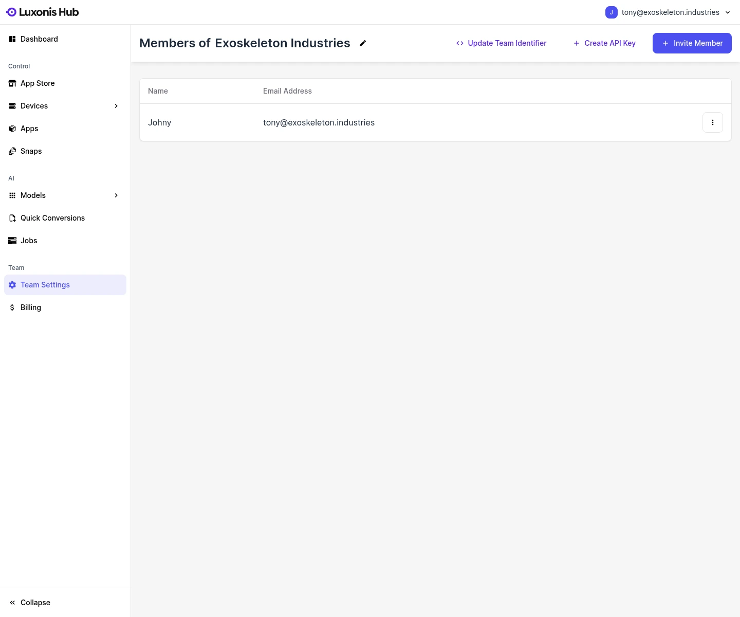 Team Settings page in Luxonis Hub showing the team name, team-level actions, and the members table.